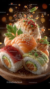 Colorful Sushi Rolls with Fresh Fish and Vegetables on Wooden Plate