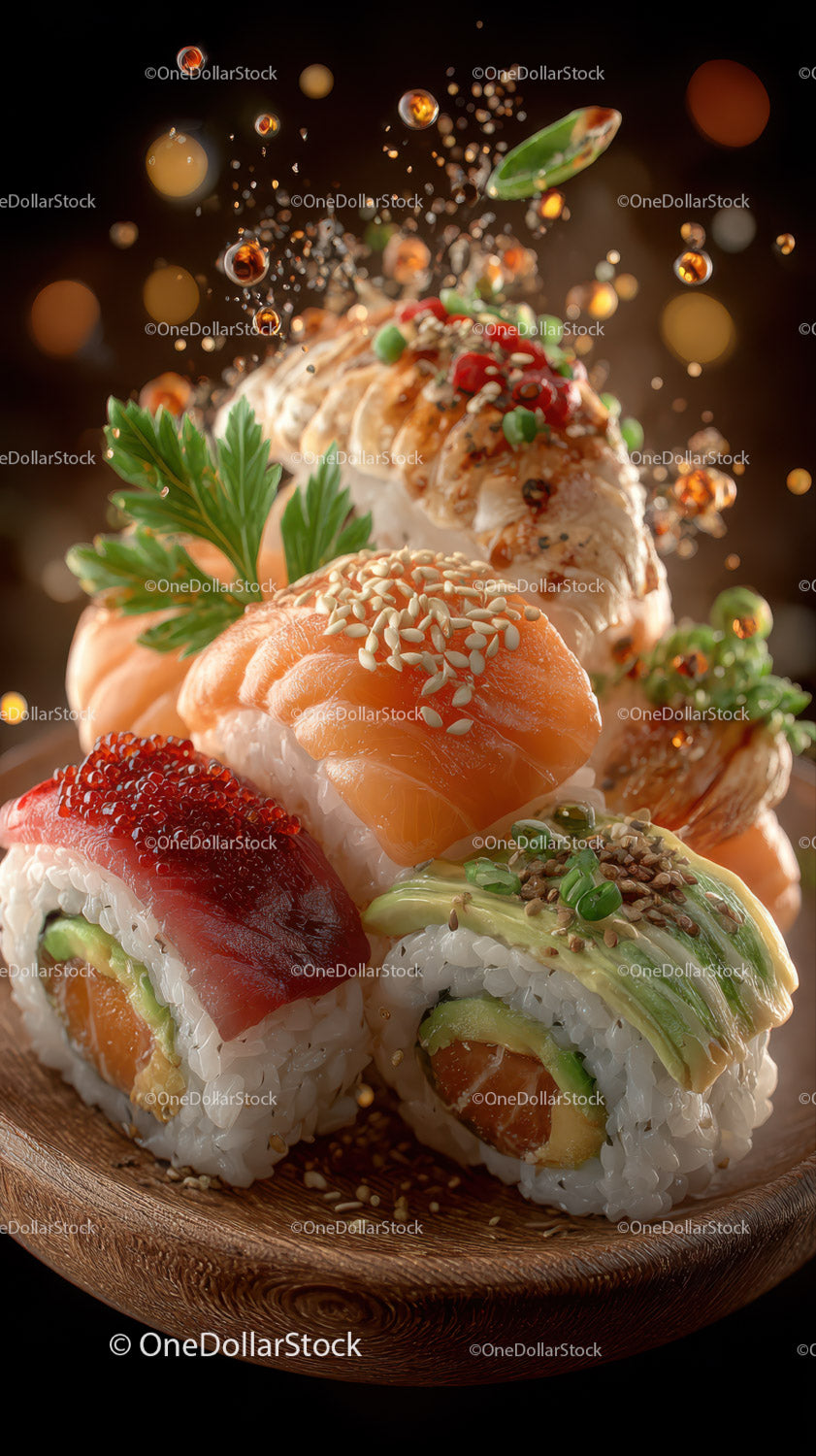 Colorful Sushi Rolls with Fresh Fish and Vegetables on Wooden Plate