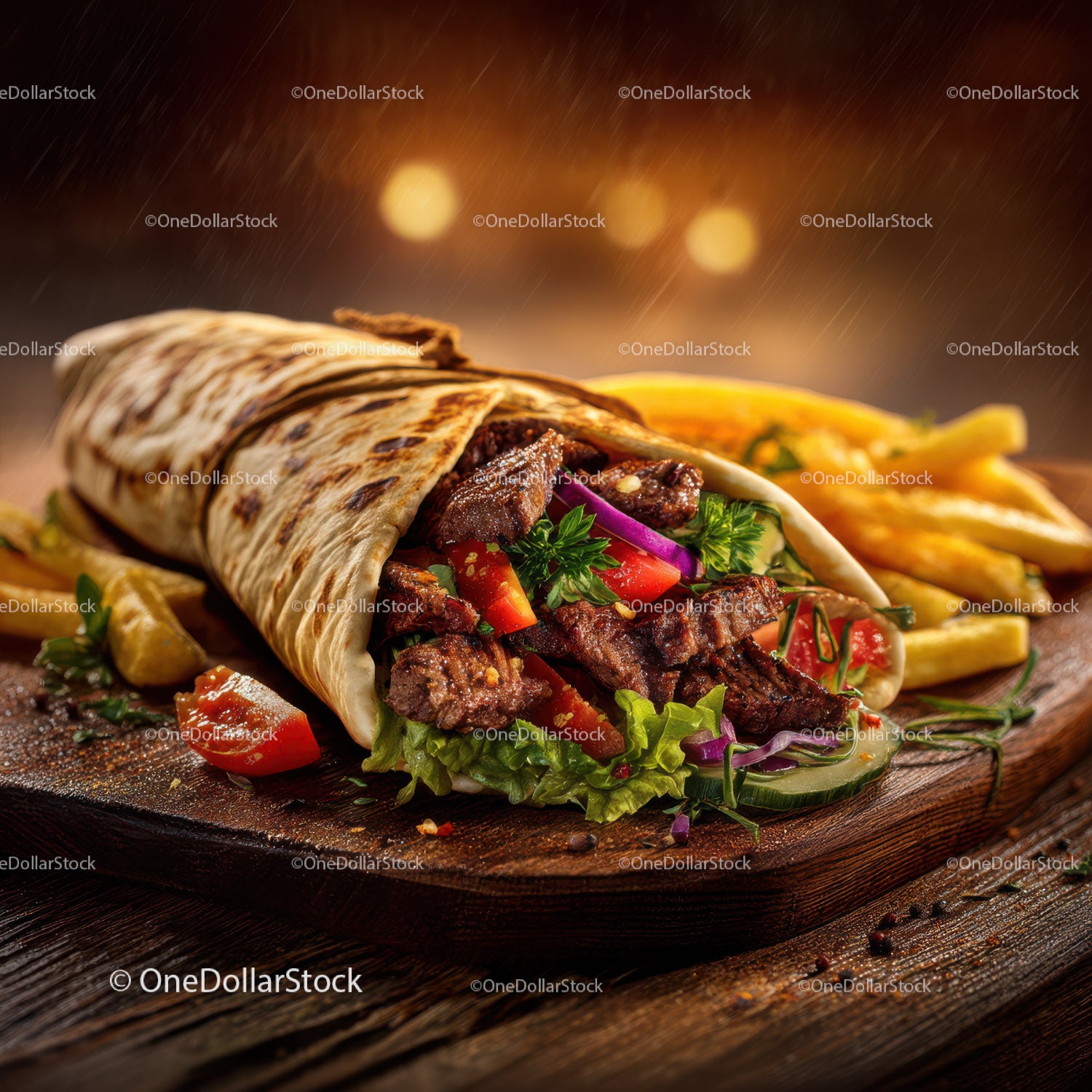 Świeże burrito wołowe z warzywami i chrupiącymi frytkami na drewnianej desce