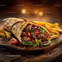 Fresh Beef Burrito with Vegetables and Crispy Fries on Wooden Board
