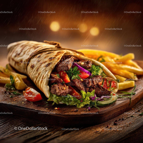 Fresh Beef Burrito with Vegetables and Crispy Fries on Wooden Board