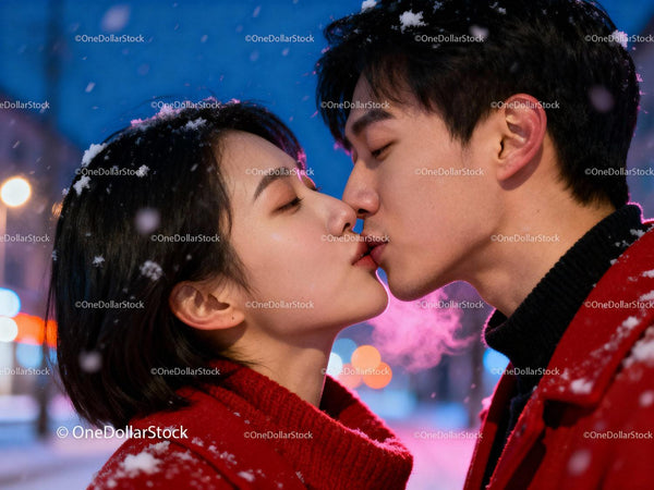 Couple sharing a tender kiss in snowy winter night