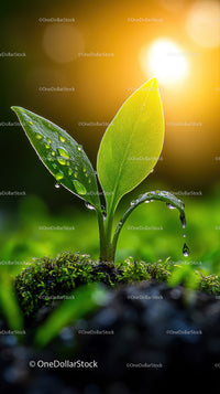 Fresh Green Seedling with Dew Drops in Natural Soil Landscape