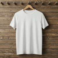 Plain white t-shirt hanging on wooden wall background