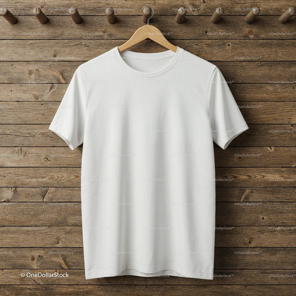Plain white t-shirt hanging on wooden wall background JPG Mockup Image