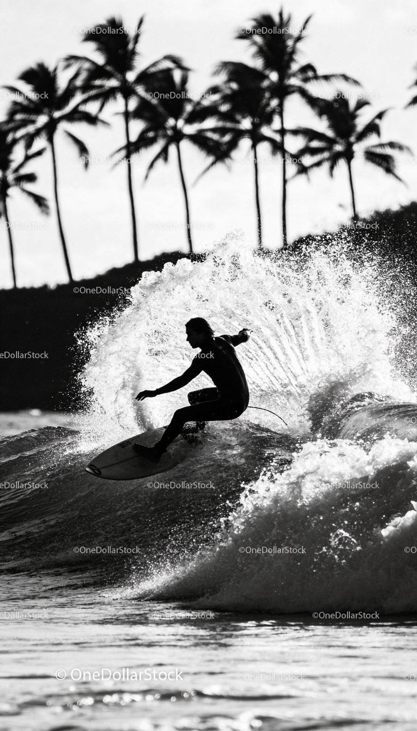 Surfer carving wave with palm trees in background