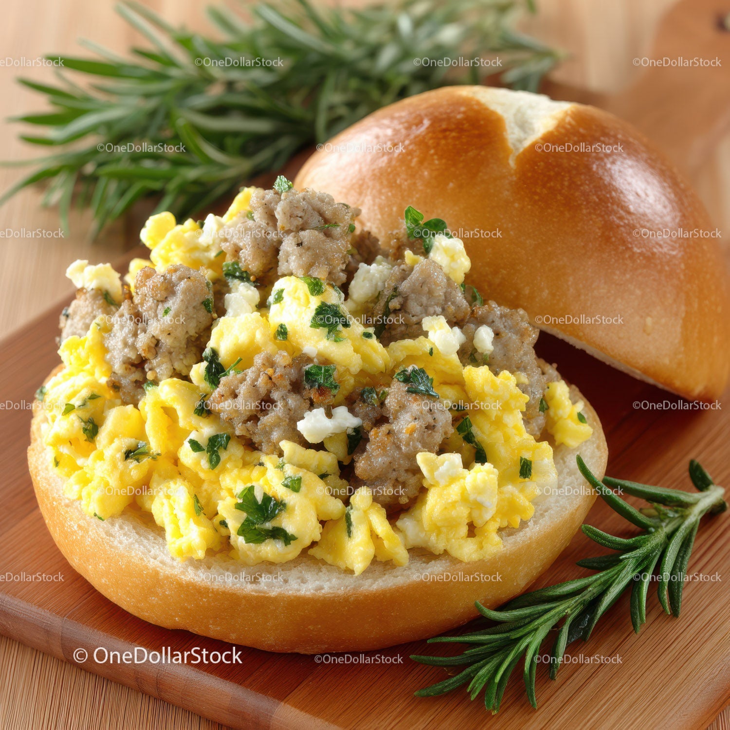 Scrambled Eggs with Ground Meat in a Fresh Bread Roll