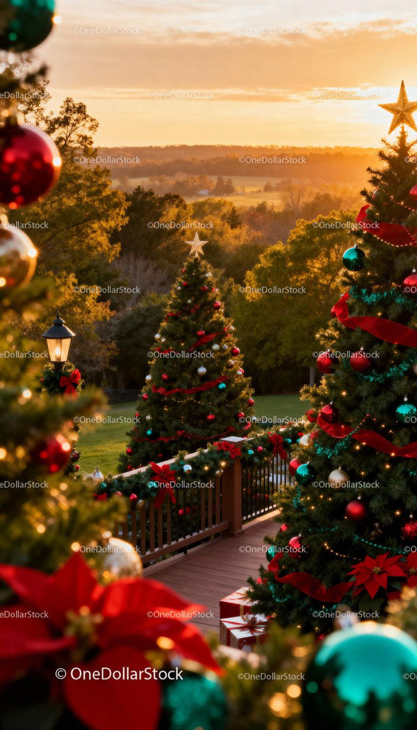 Christmas Trees and Decorations at Dusk Outdoors