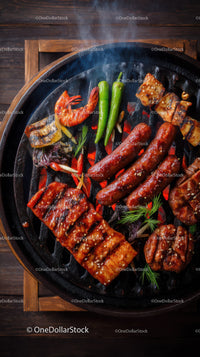 Grilled Sausages Shrimp and Vegetables on a Smoke Filled Barbecue