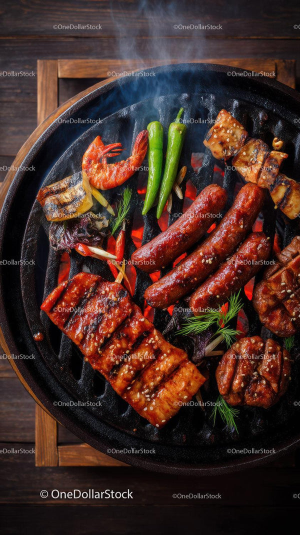 Grillowane kiełbaski, krewetki i warzywa na dymnym grillu