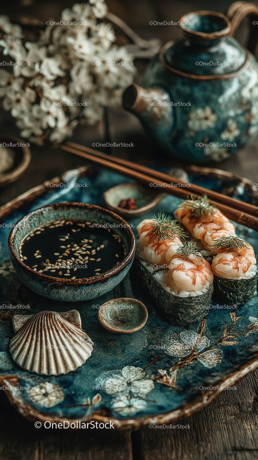 Elegant Sushi Platter with Scallops and Soy Sauce on a Decorative Plate