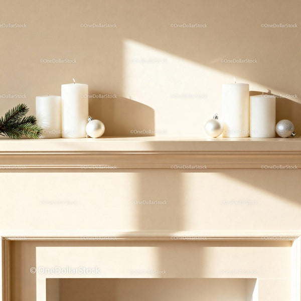 Minimalist holiday mantel with candles and ornaments