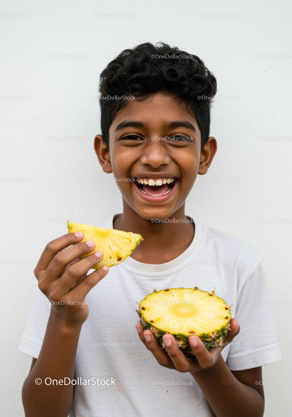 Happy Boy Enjoying Fresh Pineapple in Bright Summer Setting