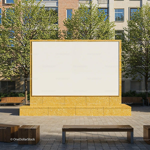 Urban public square with large blank stone billboard JPG Mockup Image