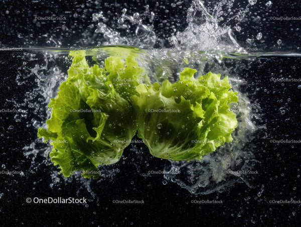 Fresh Green Lettuce Leaves Splashing Water in Black Background