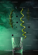 Fresh Ingredients Suspended Above Glass with Misty Background