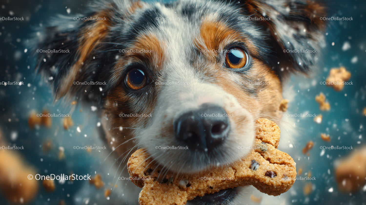 Cute Puppy Chewing Bone Surrounded by Snowflakes in Winter Scene