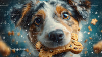 Cute Puppy Chewing Bone Surrounded by Snowflakes in Winter Scene