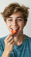 Young Smiling Boy Holding Strawberry with Bright Cheerful Expression