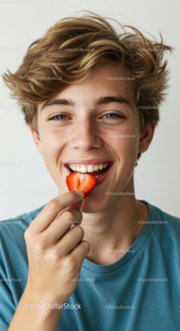 Young Smiling Boy Holding Strawberry with Bright Cheerful Expression