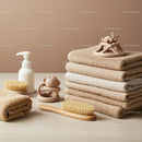 Stack of neutral towels with bath accessories and toys