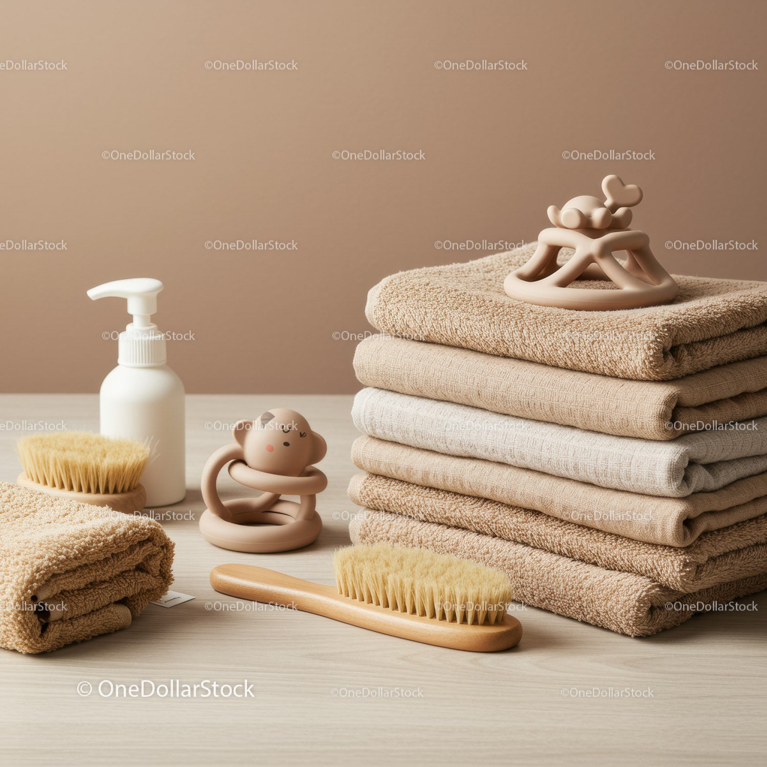 Stack of neutral towels with bath accessories and toys