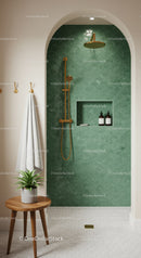 Modern shower space with green scallop tiles and brass fixtures