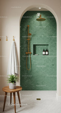 Modern shower space with green scallop tiles and brass fixtures
