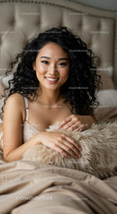 Smiling woman relaxing on cozy bed with fluffy pillow