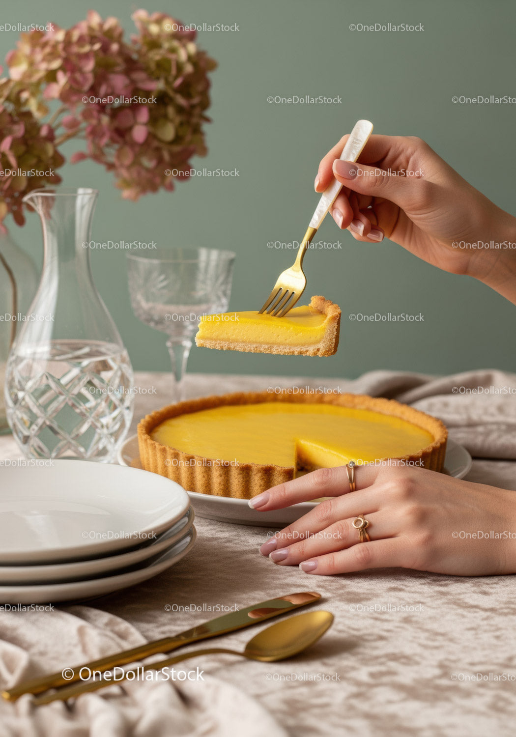 Elegant Lemon Tart with Slice being Lifted on a Stylish Table