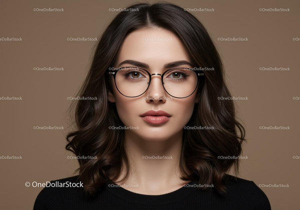 Portret Stylowej Kobiety w Okularach na Neutralnym Tle