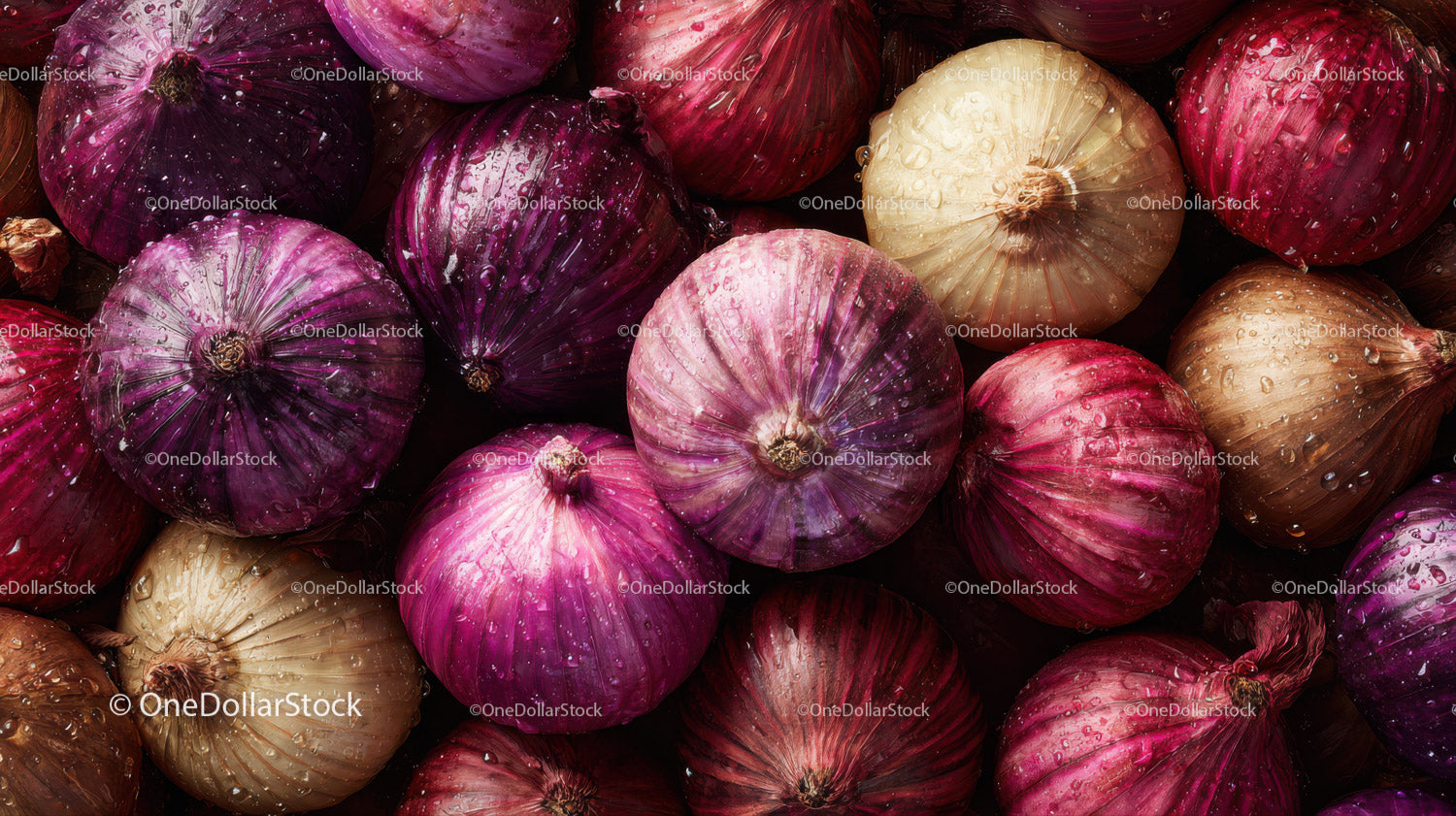 Colorful Onion Bunch with Water Droplets for Fresh Produce Display