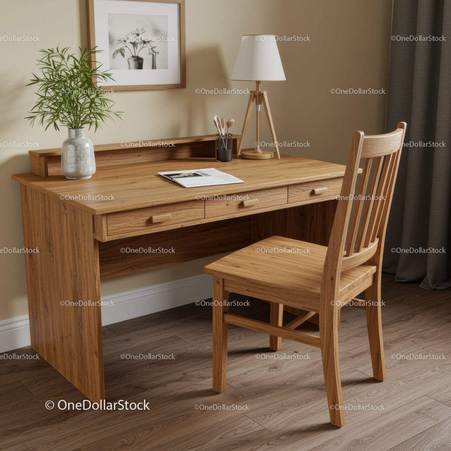 Elegant Wooden Home Office Desk with Chair and Decorative Items