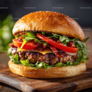 Close-up of Freshly Made Gourmet Beef Burger with Vegetables