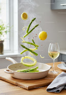 Fresh asparagus and lemon cooking in bright kitchen
