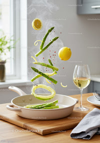 Fresh asparagus and lemon cooking in bright kitchen