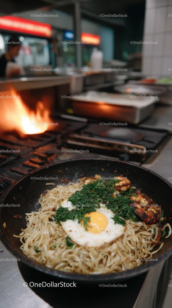 Stir-fried Noodles with Fried Egg and Greens in Modern Kitchen