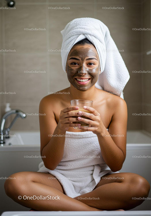 Happy Woman Applying Face Mask Relaxing in Spa or Bathroom