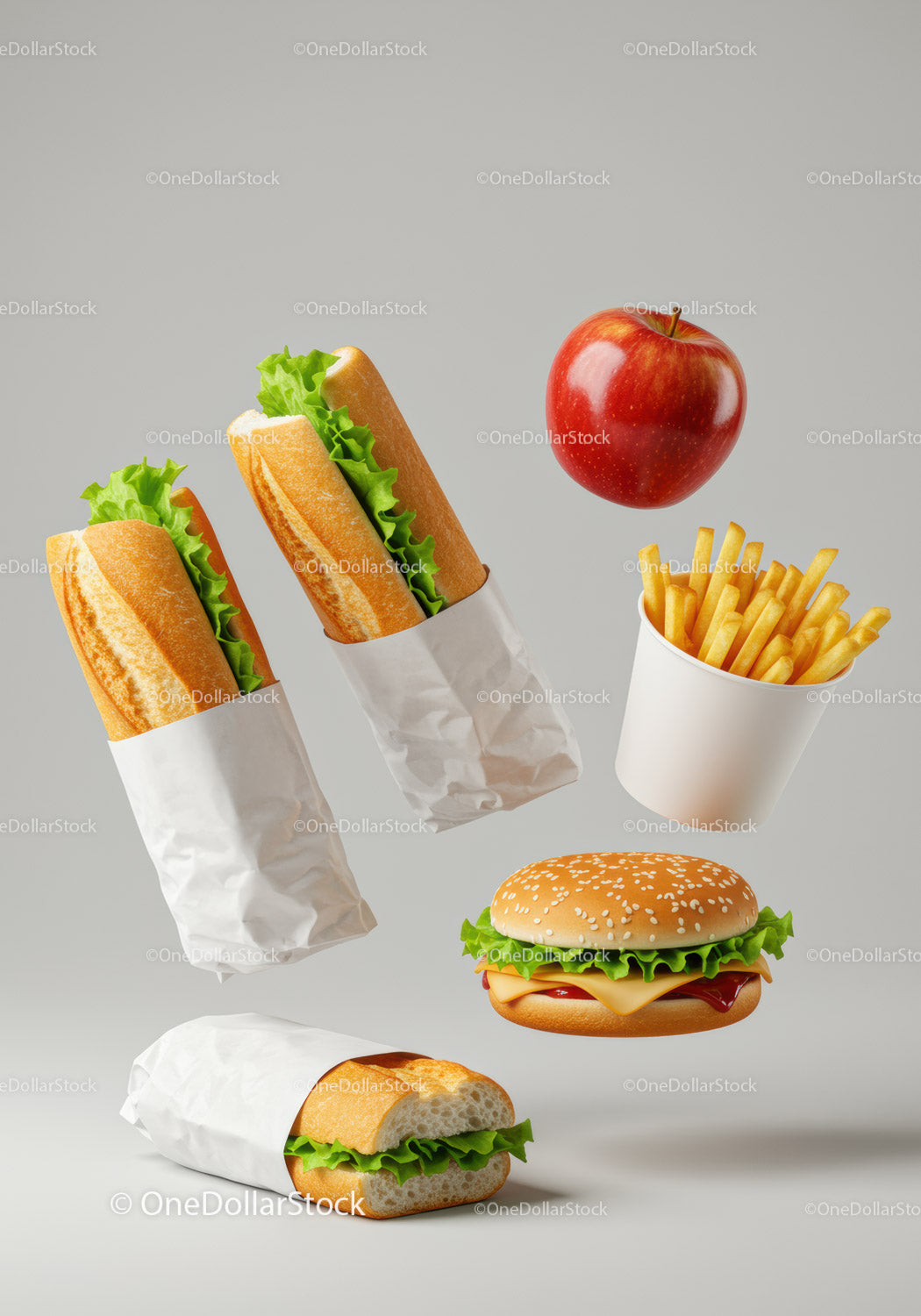 Fresh sandwiches with fries and apple on light background