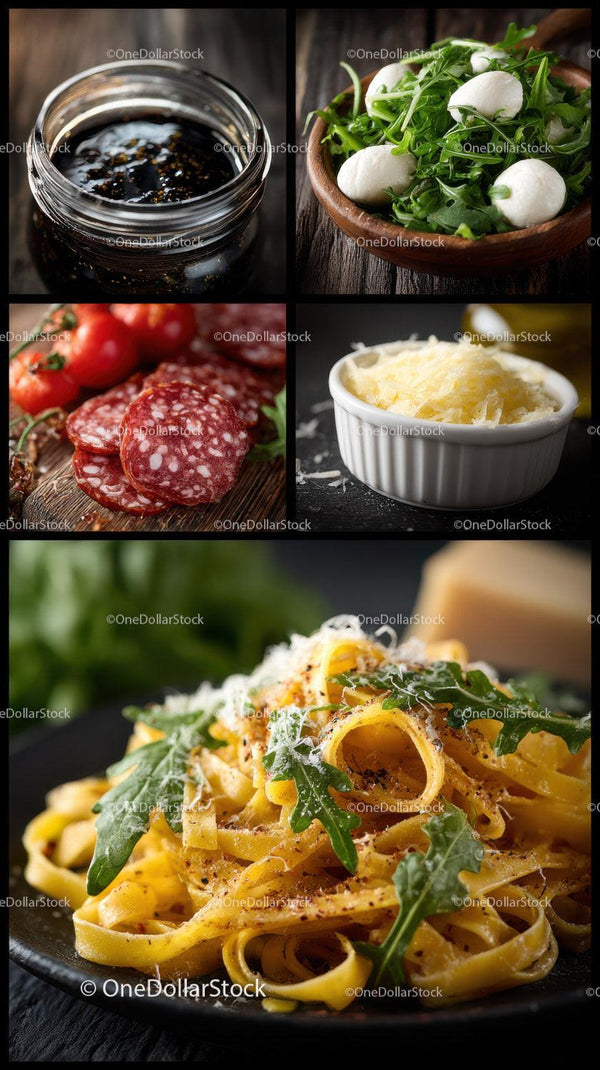 Makaron z rukolą i serem Parmesan na ciemnej, rustykalnej powierzchni