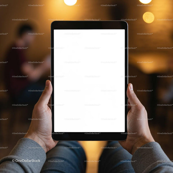 Person Holding Blank Tablet with Cozy Ambient Lighting JPG Mockup Image