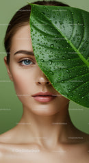 Close-Up Portrait of Beautiful Woman with Green Leaf and Water Droplets