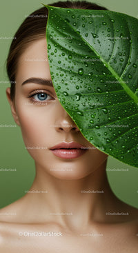 Close-Up Portrait of Beautiful Woman with Green Leaf and Water Droplets
