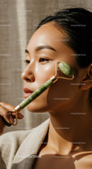 Young Woman Using Jade Roller for Facial Skin Rejuvenation and Relaxation