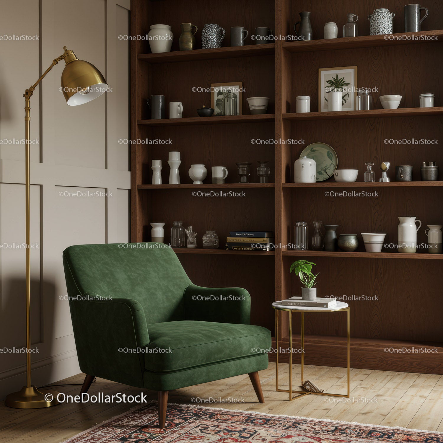 Cozy Green Armchair Corner with Wooden Shelves and Lamp
