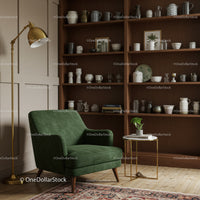 Cozy Green Armchair Corner with Wooden Shelves and Lamp