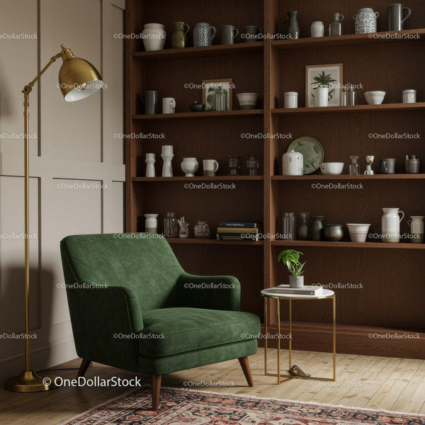 Cozy Green Armchair Corner with Wooden Shelves and Lamp