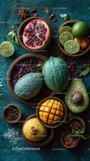 Fresh Tropical Fruits with Lime, Mango, and Avocado on Blue Wooden Table