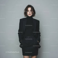 Elegant Woman in Black Blazer and Skirt for Professional Look