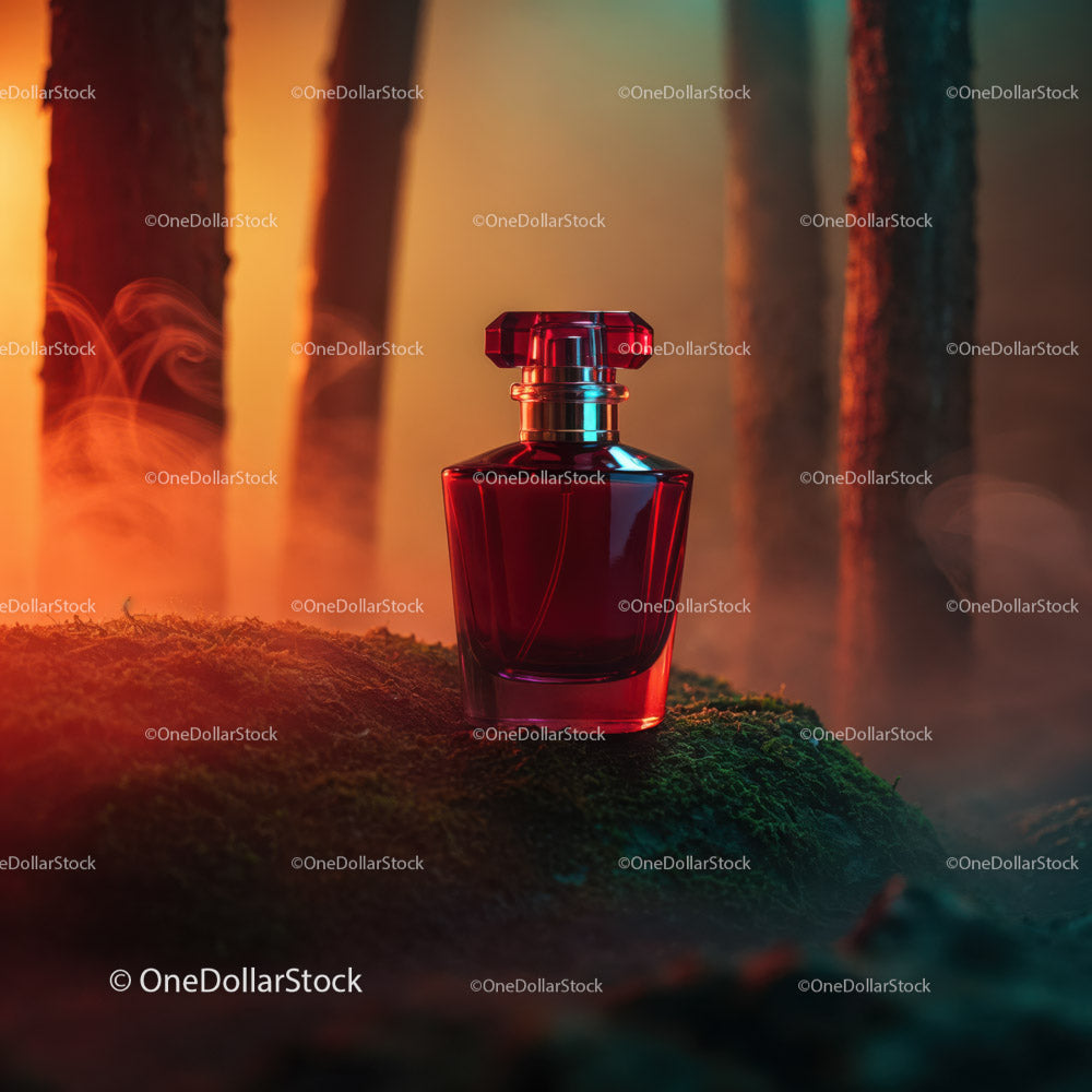 Red Glass Perfume Bottle in Mystical Forest Scene
